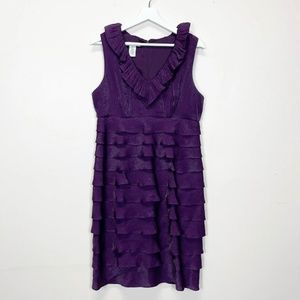 London Times 12 Dress Purple Ruffle Tiered Sleeveless Shimmer V-Neck